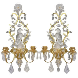 Rock Crystal and Gilt Bronze sconces with floral details and Perched Parrot Center piece