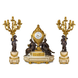 Fine Quality French Gilt and Patinated Bronze and White Marble Clockset