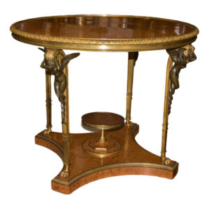 High Quality Gilt and Patinated Bronze-Mounted Louis XVI Style Amboyna Center Table Signed F. Linke