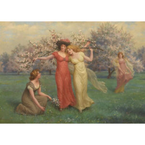 Exceptional Painting of Young Women in a Garden by Jennie Augusta Brownscombe (American, 1850 - 1936)