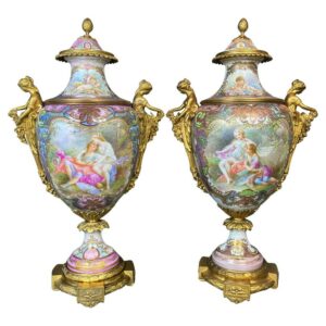 Pair of Ormolu-Mounted Sevres style Vases with Garden scene by A. Collot